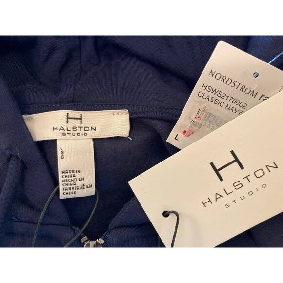Halston Studio Zip Front Long Sleeve Drawstring Hoodie Sz Large in Navy Blue NWT - Picture 4 of 6